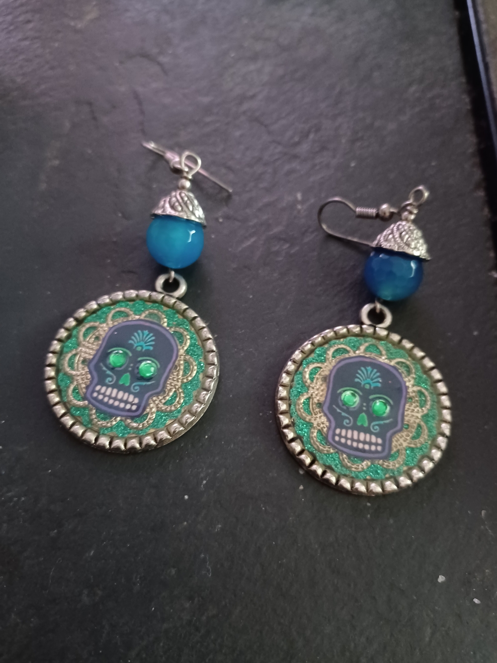 Blue & Green Sugar Skull Dangle Earrings - Women Jewelry